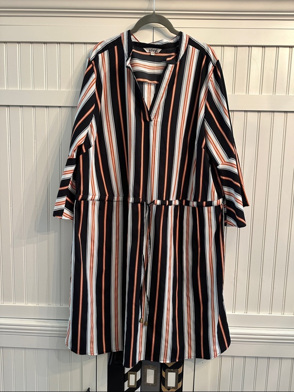 Hint of Blush Striped V-Neck Tunic Dress in Navy, White & Rust 2X